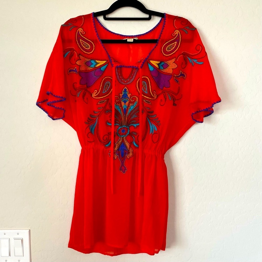 Twenty One Red Embroidered front size M cap sleeve blouse Swimsuit Cover…